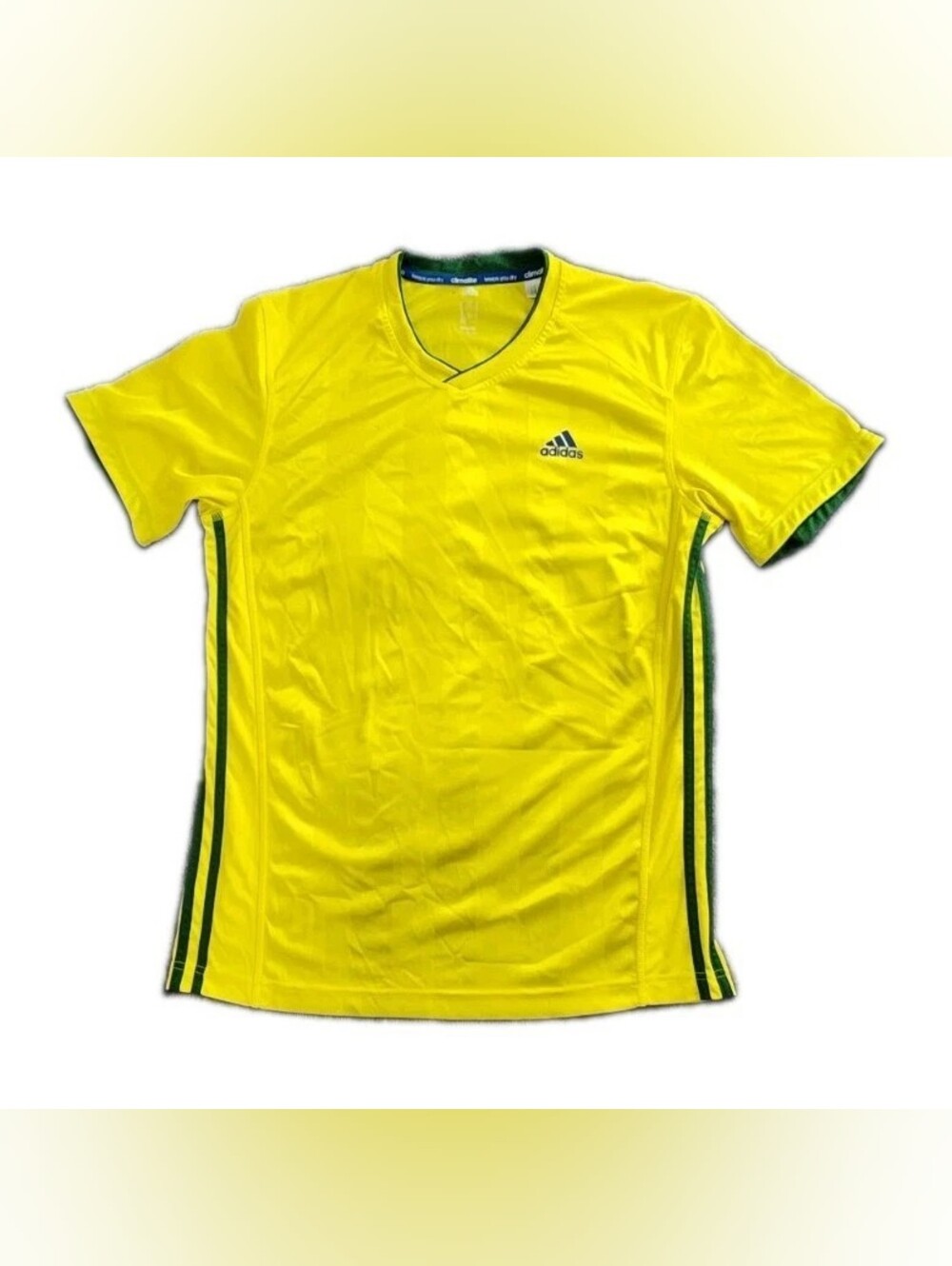 ADIDAS~Mens Bright Yellow Geen Trim "Climalite " Moisture Wicking Shirt Size M
